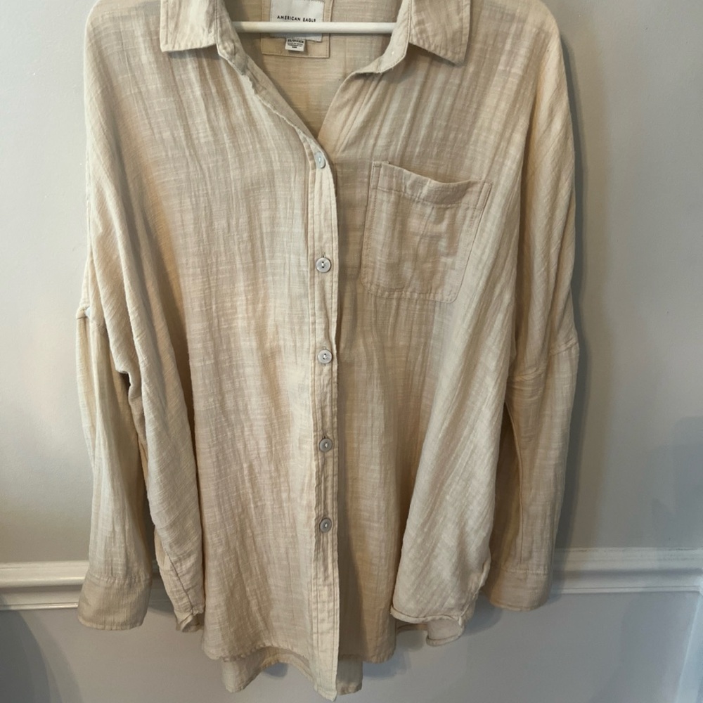 American Eagle Outfitters Women's Cream Button Down Shirt Oversized